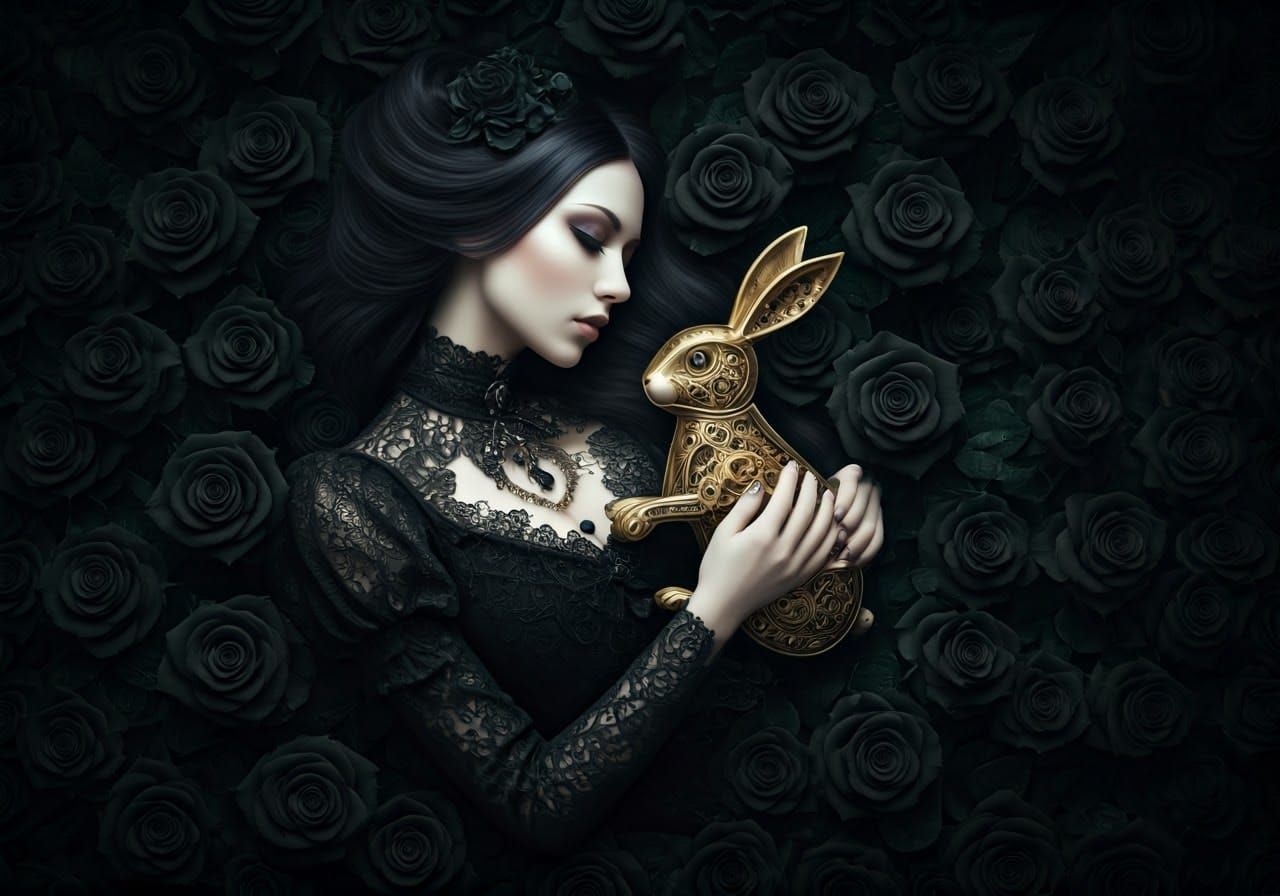 Gothic Noblewoman with Golden Clockwork Rabbit in Black Rose...