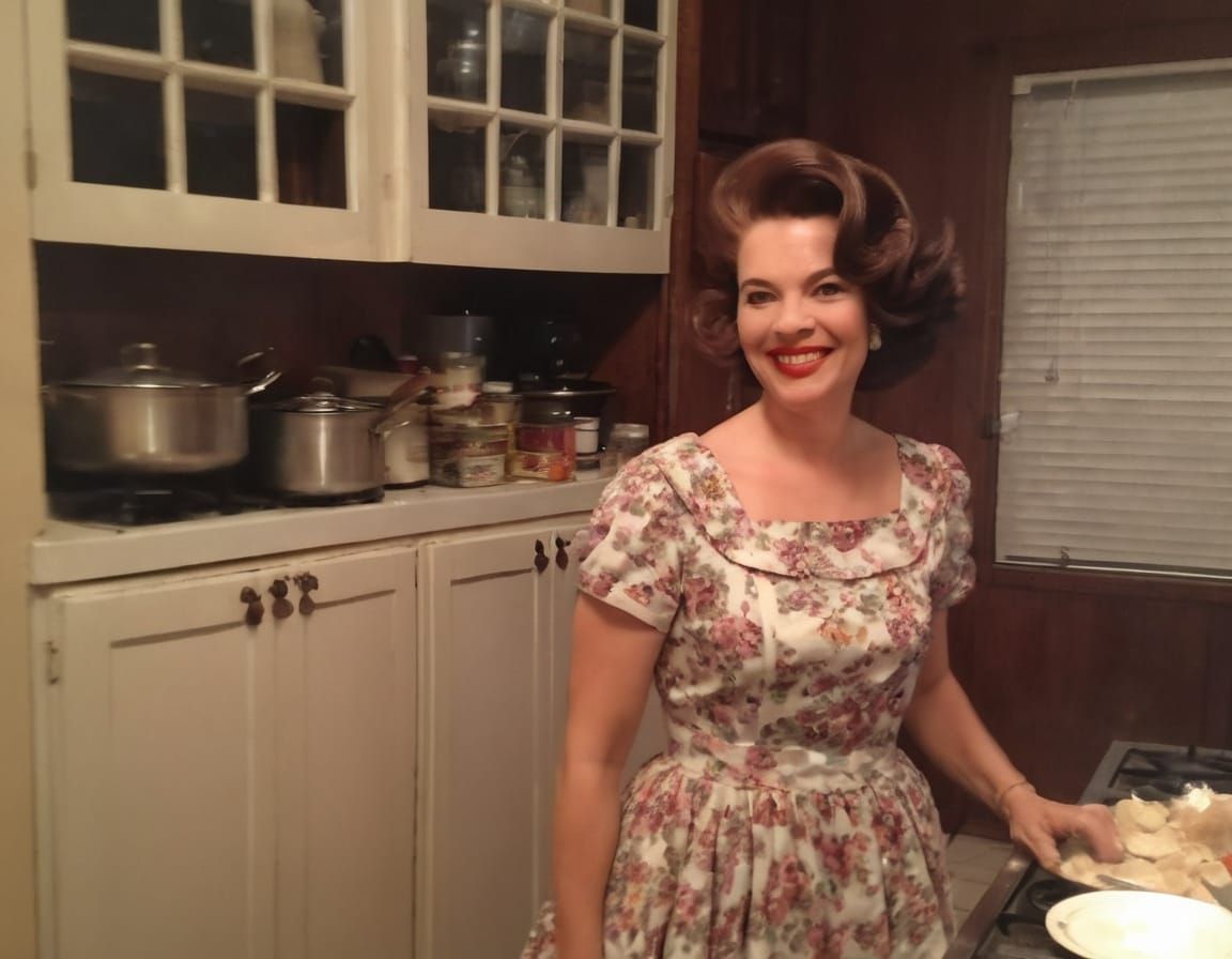 1950s Housewife Cooks Chicken and Dumplings in Realistic Sty...