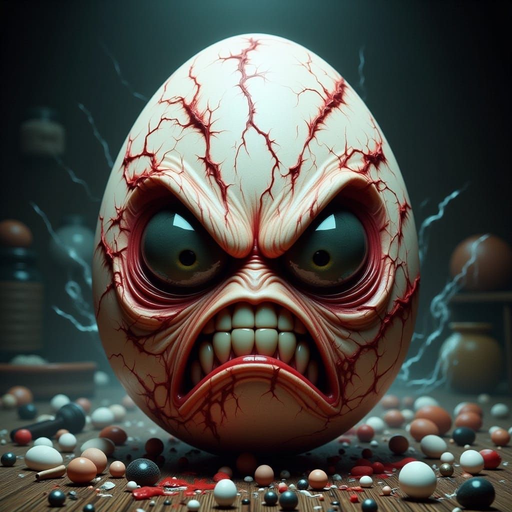 Angry Egg with Hammer: Hyper-Maximalist Digital Art
