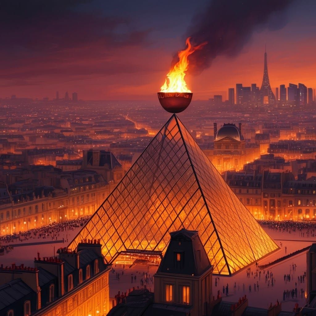 Futuristic Olympic Cauldron Over Louvre, Manga Style