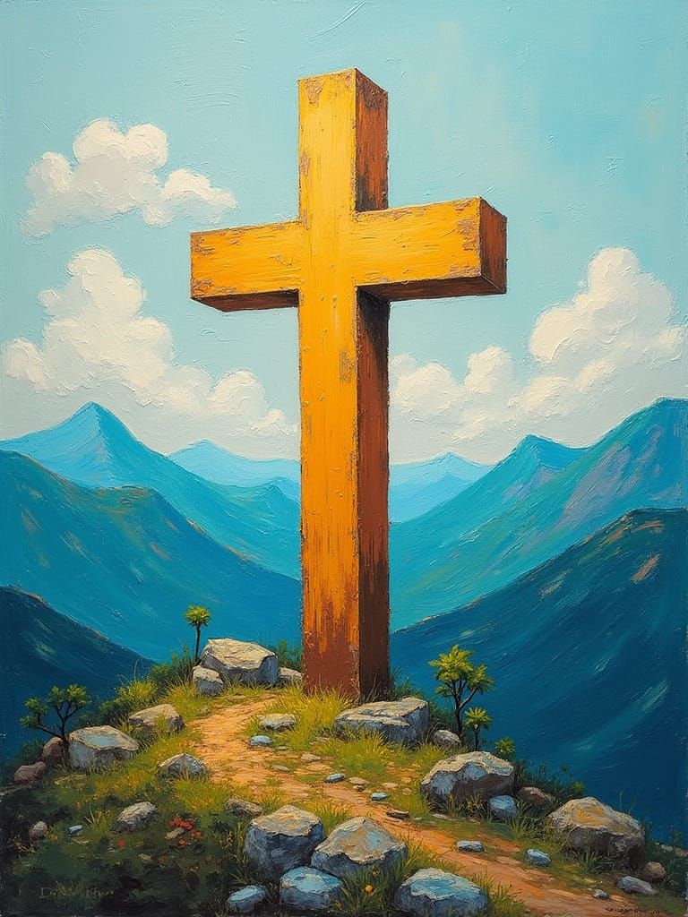 Impressionistic Cross Symbolizing Faith in Serene Landscape