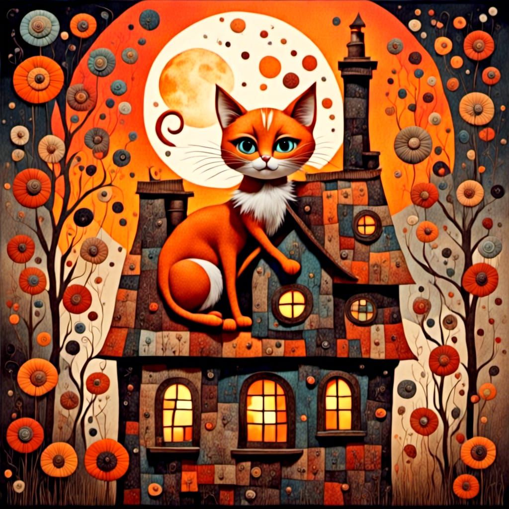 Patchwork Kitten Gazing at Moon in Surreal Scene