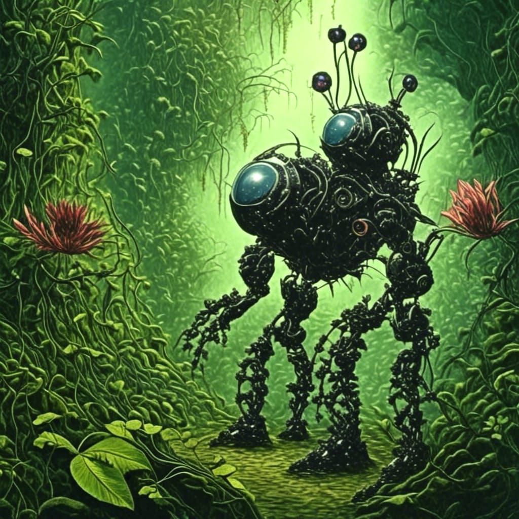 Biopunk Robot in Jungle Environment