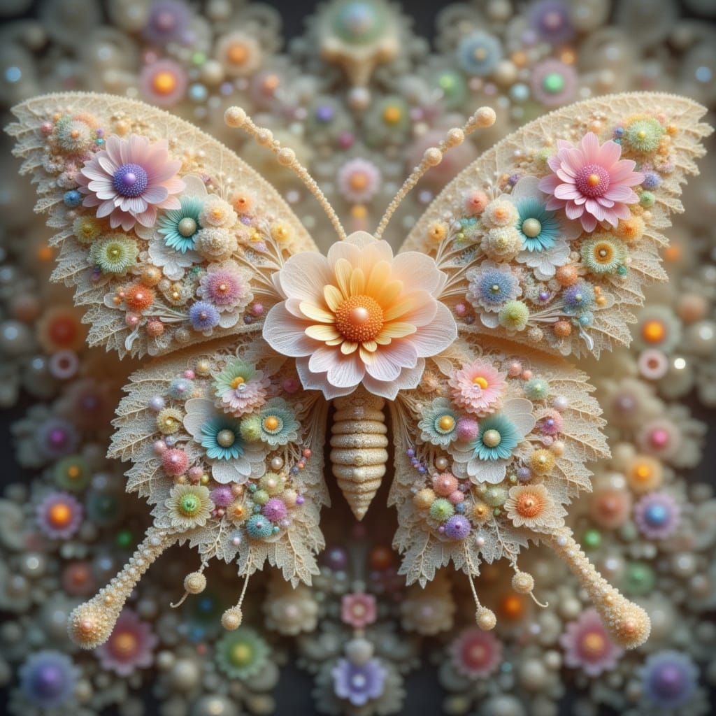Porcelain Lace Moth with Pastel Fractal Flowers