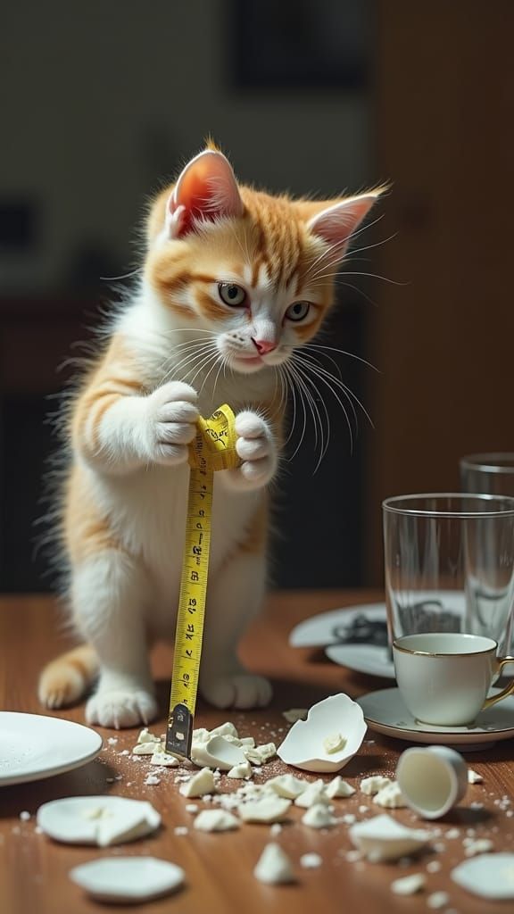 Kitten Surveyor Amidst Shards: A Detailed Composition