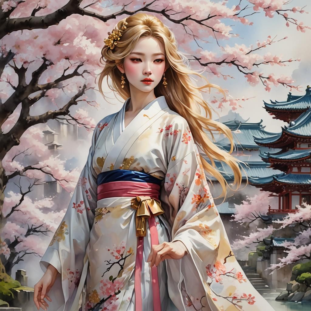 Sakura Palace: Ethereal Beauty in Watercolor Style