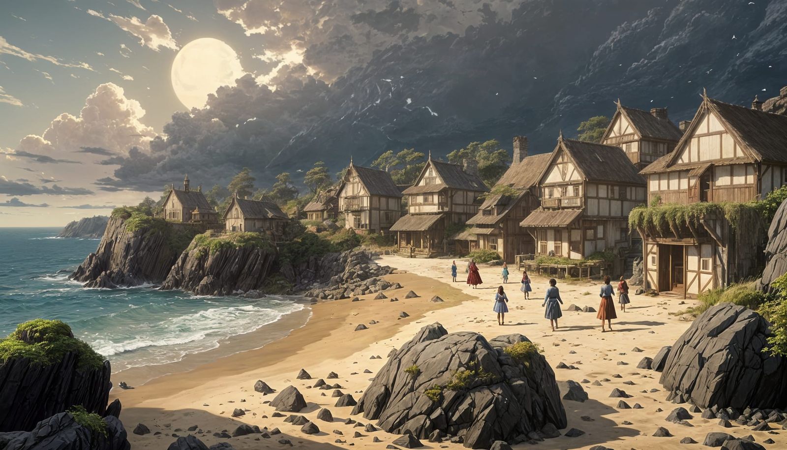 Whimsical Dark Fantasy Seashore Scene