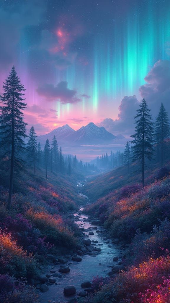 Ethereal Dreamscapes with Aurora Skies, Digital Painting