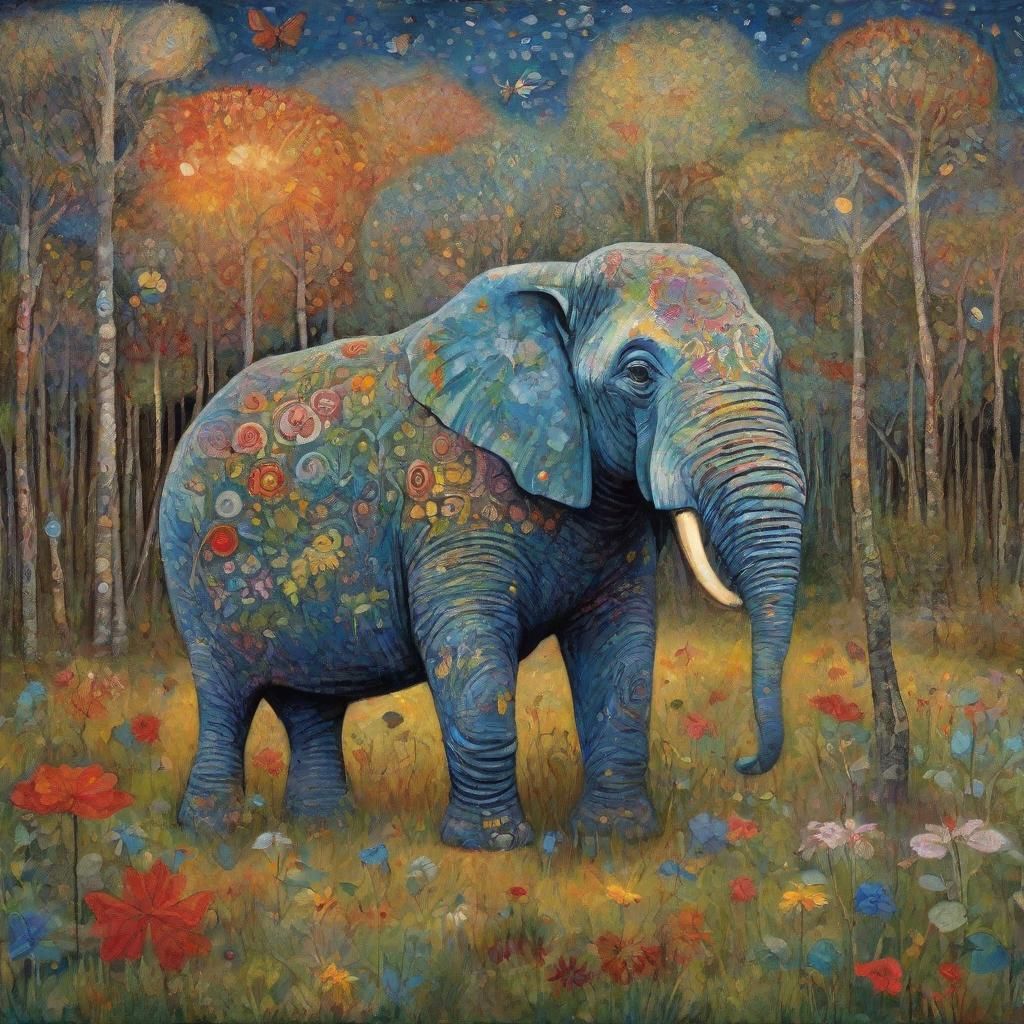 Elephant of Cúailnge and Mice in Folk Art Style