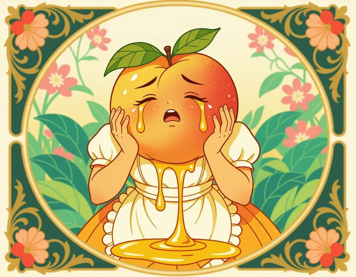 Crumbling Peach Crying Nectar in Art Nouveau Style
