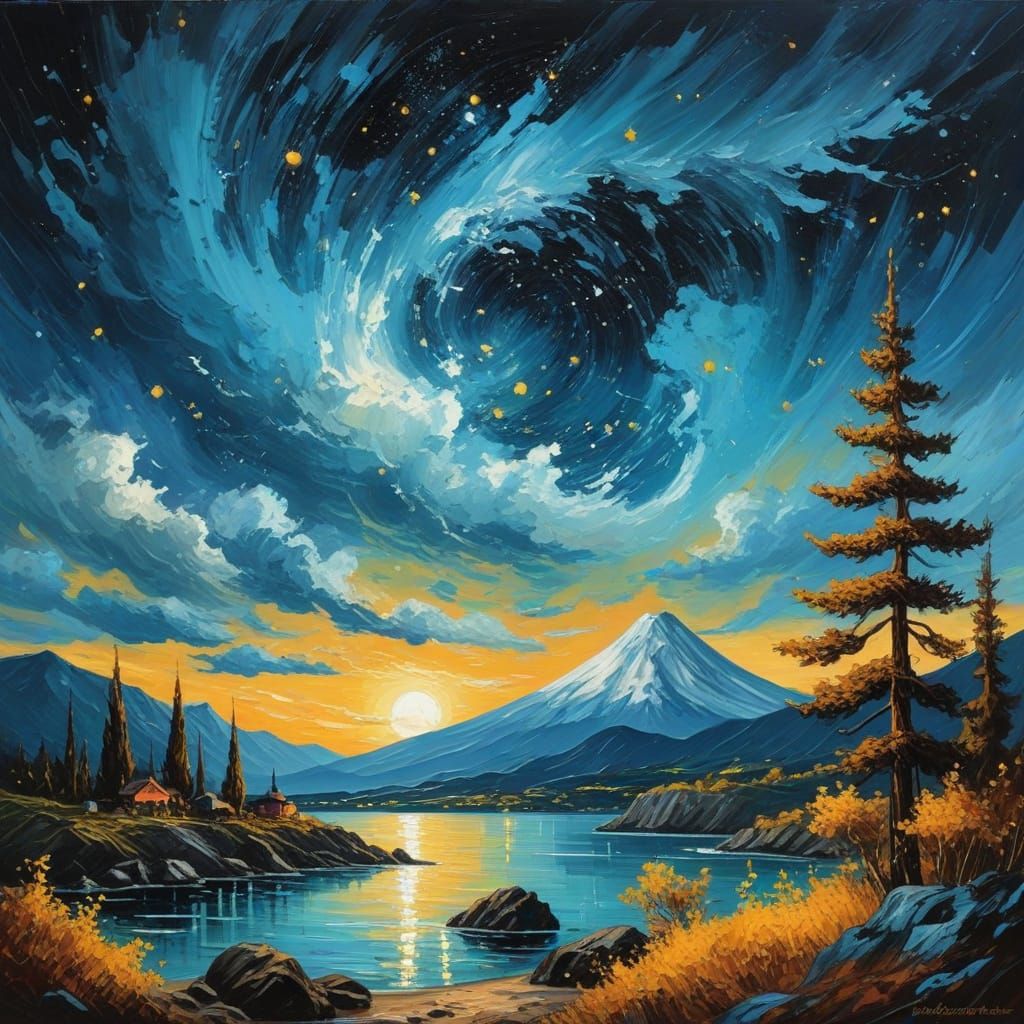 Ethereal Landscape of Celestial Bodies and Mountains