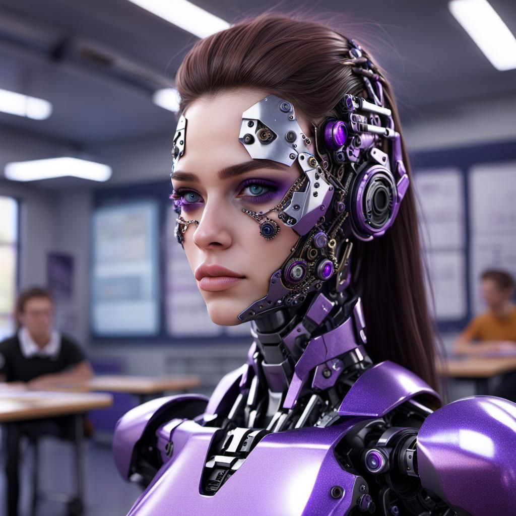 Cyborg Teen in Classroom: Futuristic Sci-Fi Art