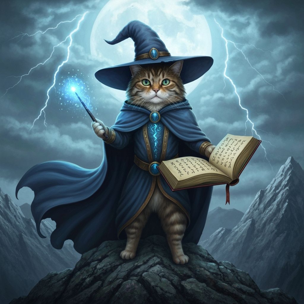 Cat Wizard on Mountain with Magic Wand