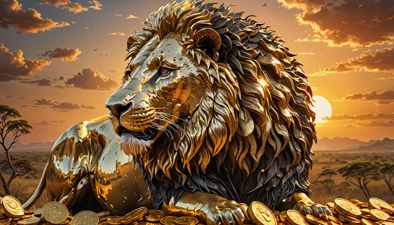 Golden Lion in Savanna Sunset, Hyperrealistic Art
