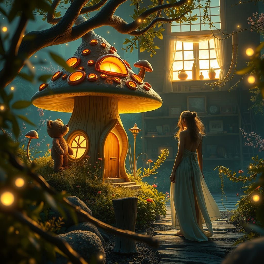 Enchanted Fairy Mushroom House in Bioluminescent Forest