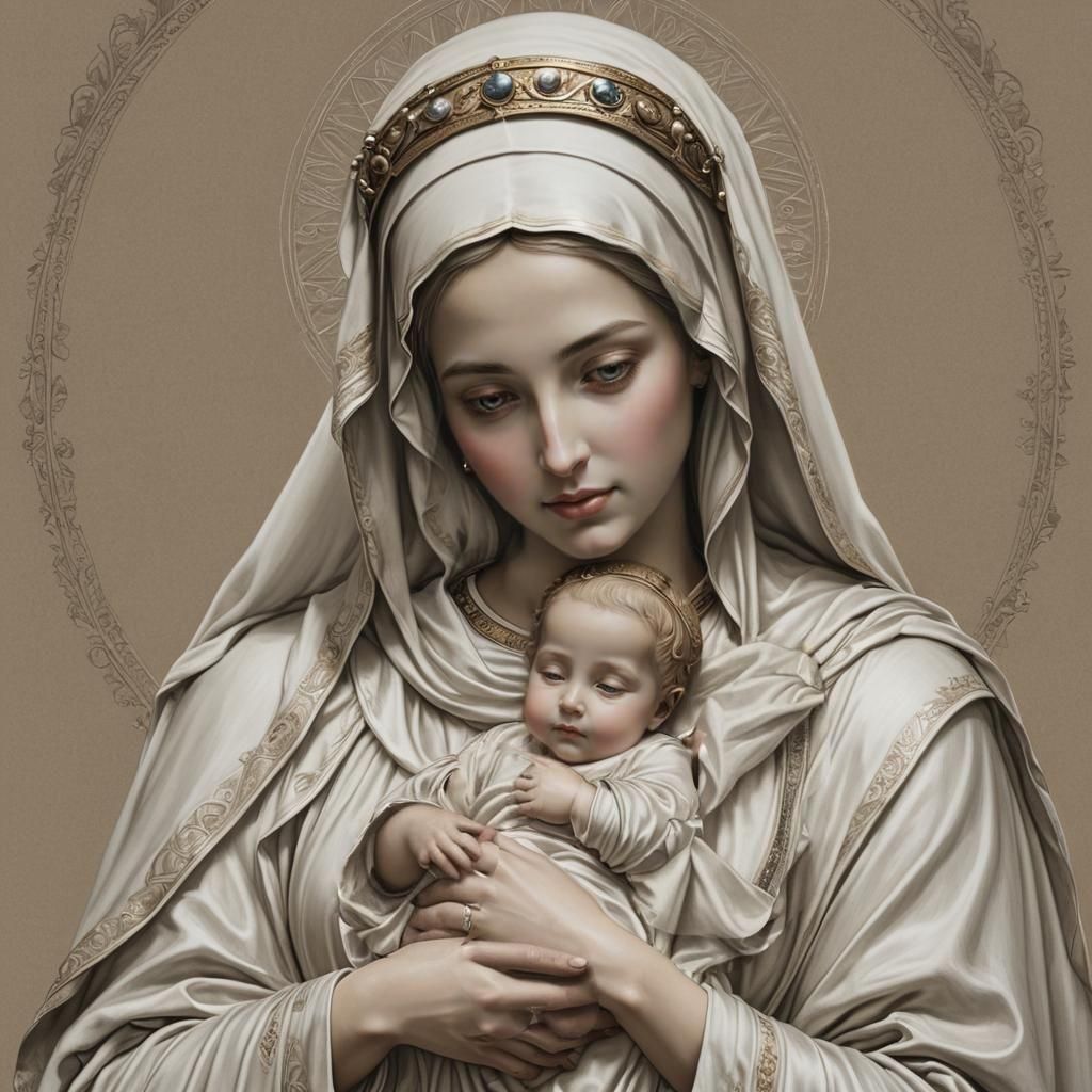 Virgin Mary and Infant Jesus Detailed Drawing