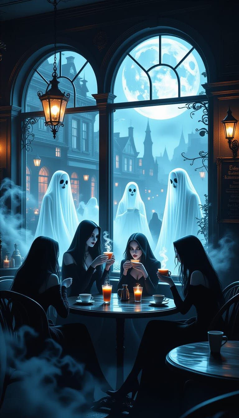 Gothic Spooks at a Moonlit Ghostly Cafe