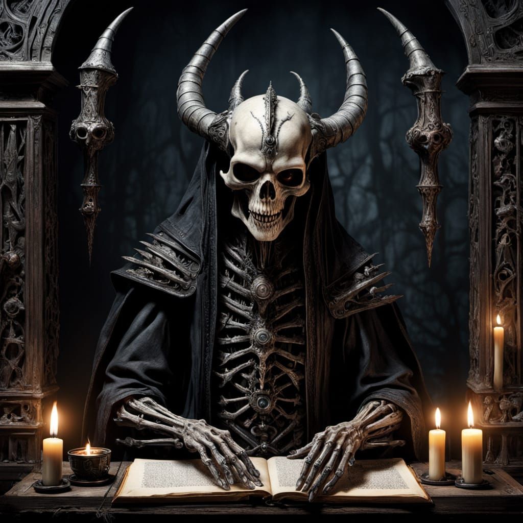 Lich Casts Spell on Tieflings in Dark Gothic Style