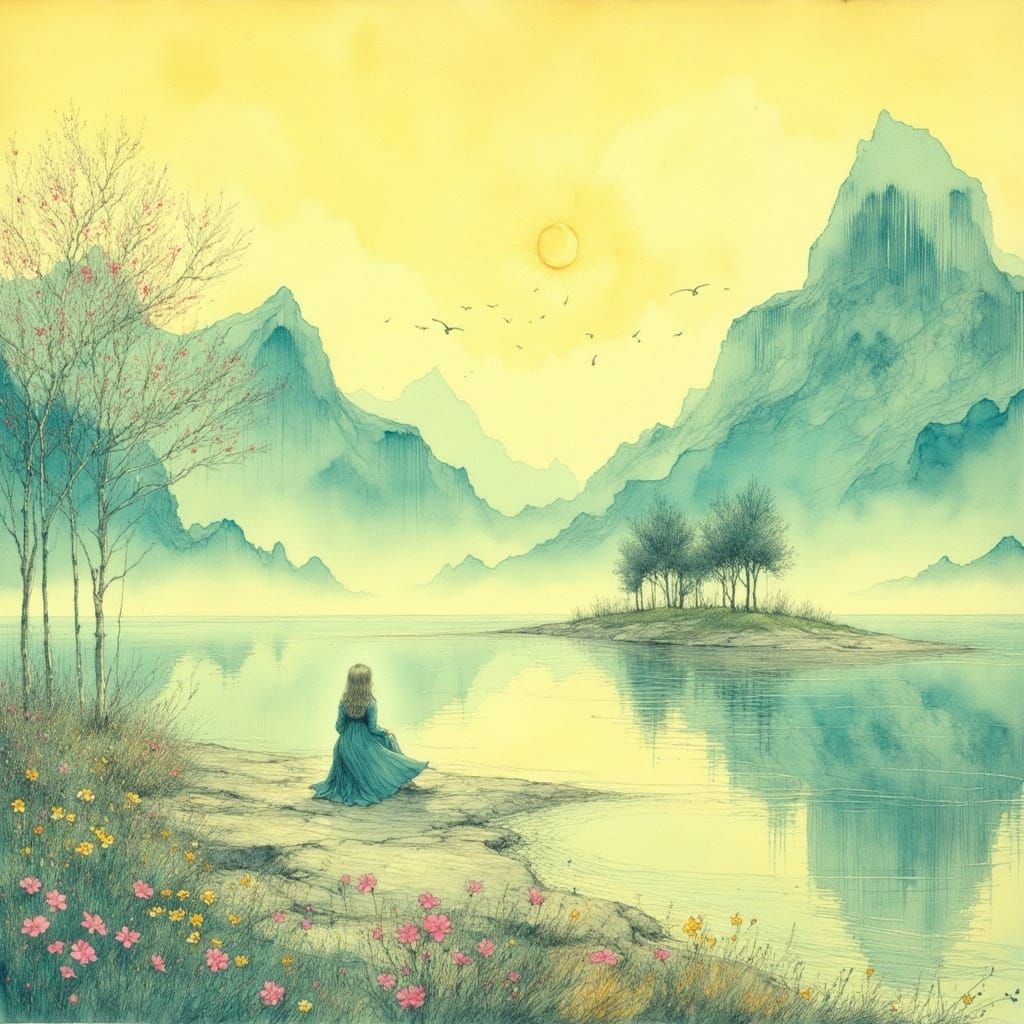 Woman on Lake in Surrealist Style of Dali and Magritte