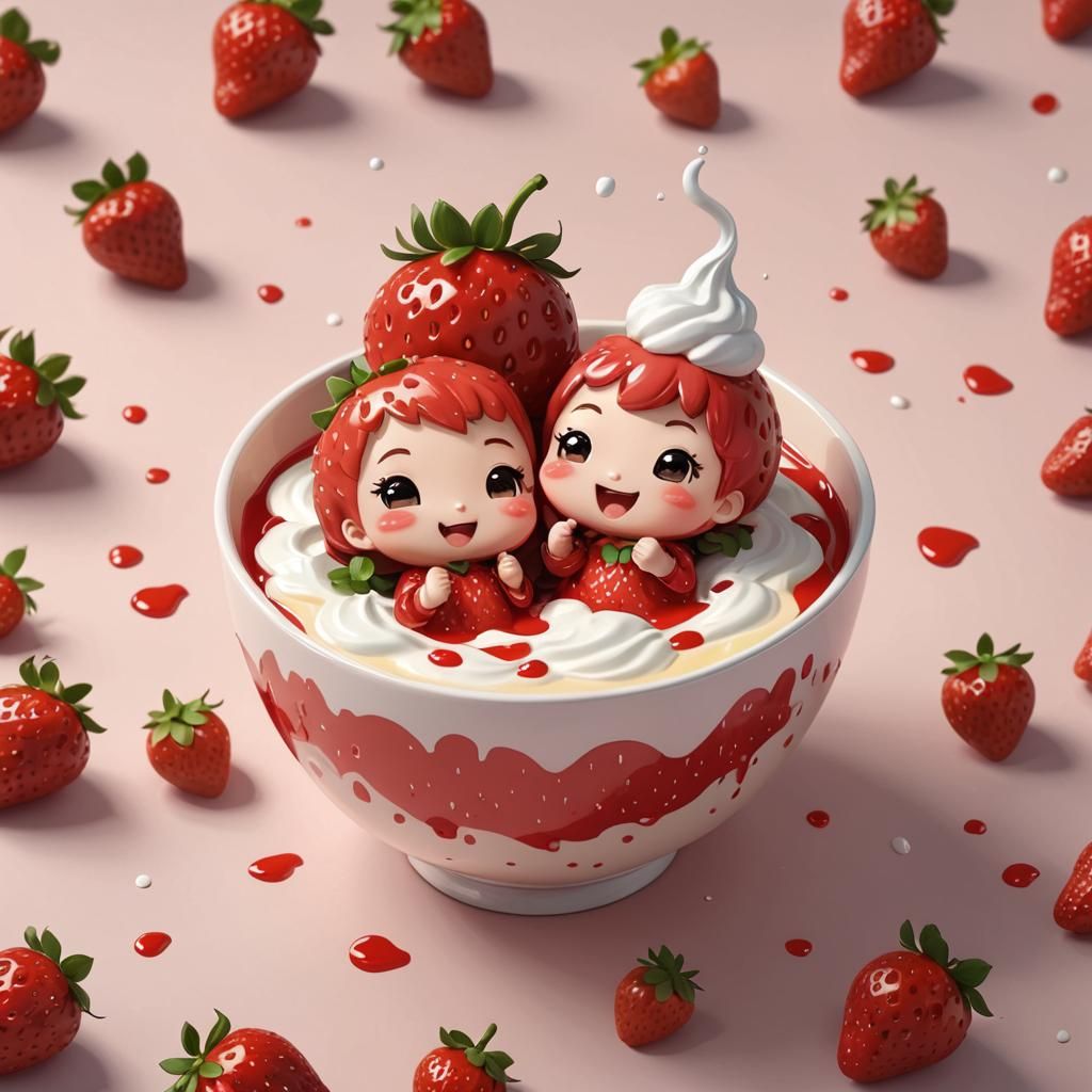 Chibi Strawberries Jumping into Cream Bowl