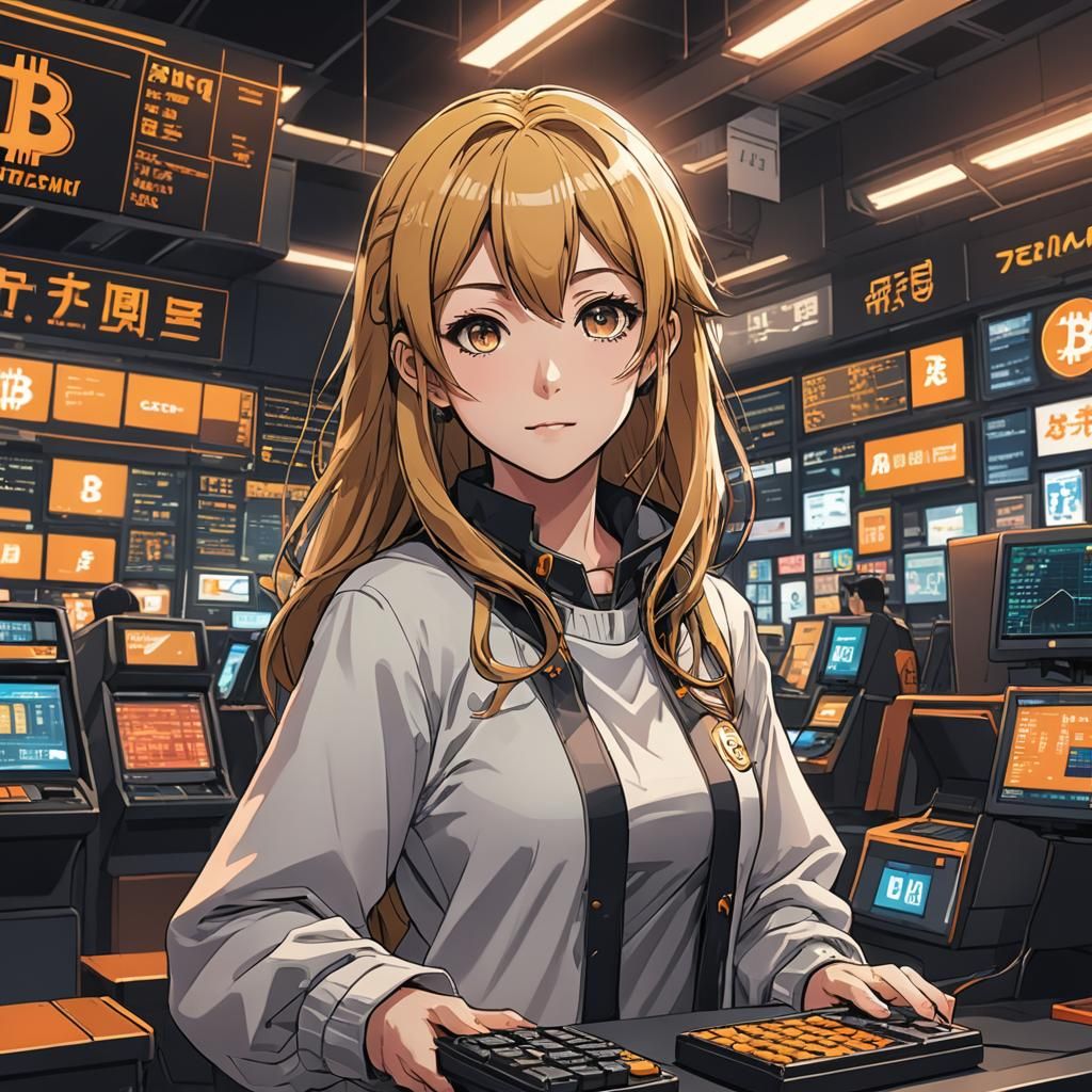 Anime Girl Buys Bitcoin: Cel-Shaded Digital Art