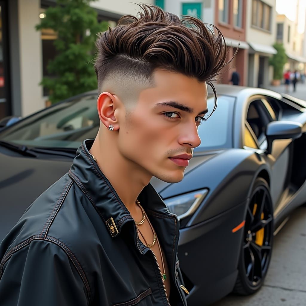 Charismatic Man with Luxury Lambo in Stylish Low Fade