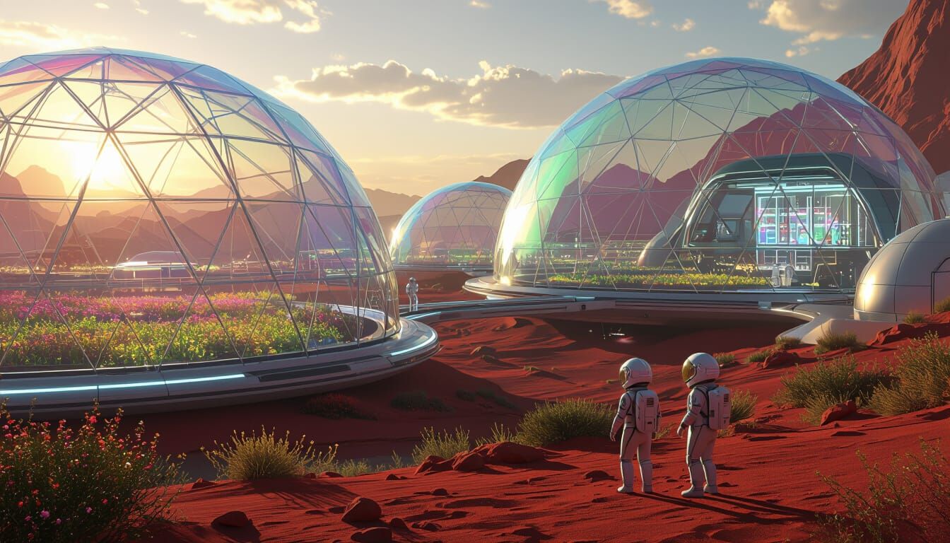 Futuristic Martian City Under Domes with Children Playing
