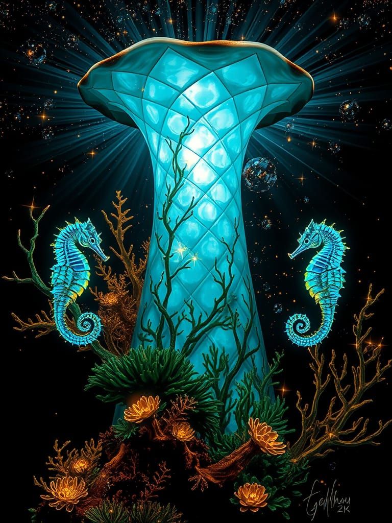 Bioluminescent Seashell Vase with Glowing Seahorses
