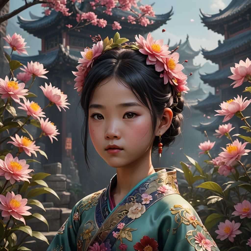 Cute Chinese Girl with Flower, Detailed Digital Art