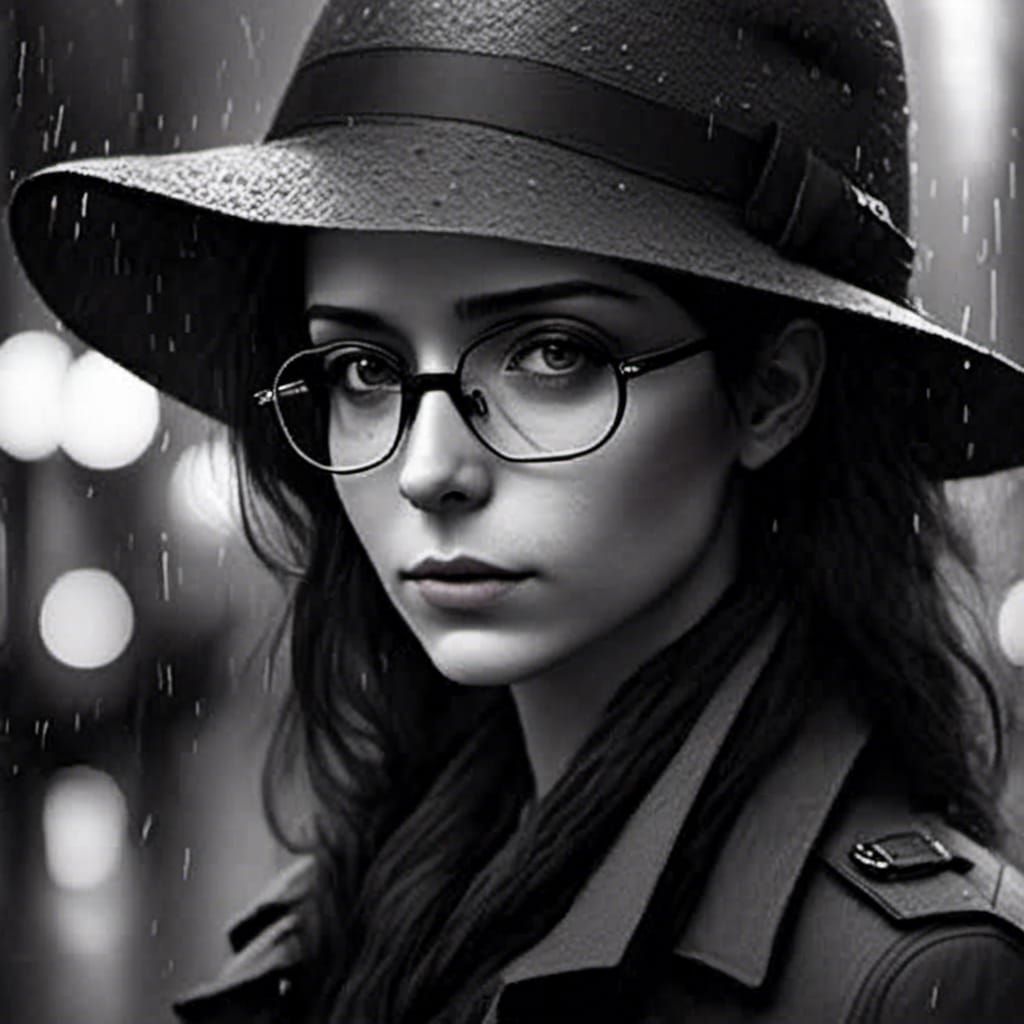 Monochrome Portrait of Woman in Rain with Fedora