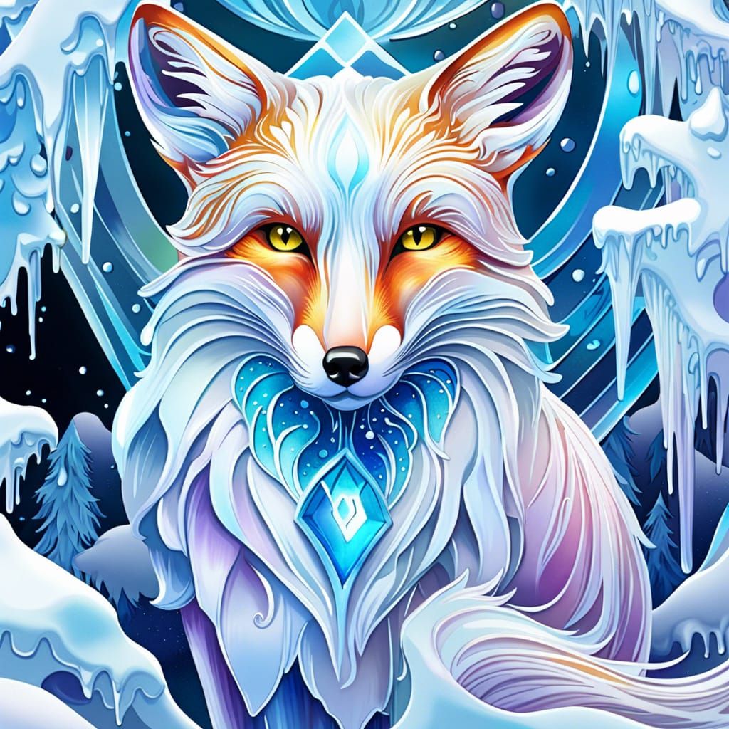 Icy Glass Fox in Snowy Rococo Landscape