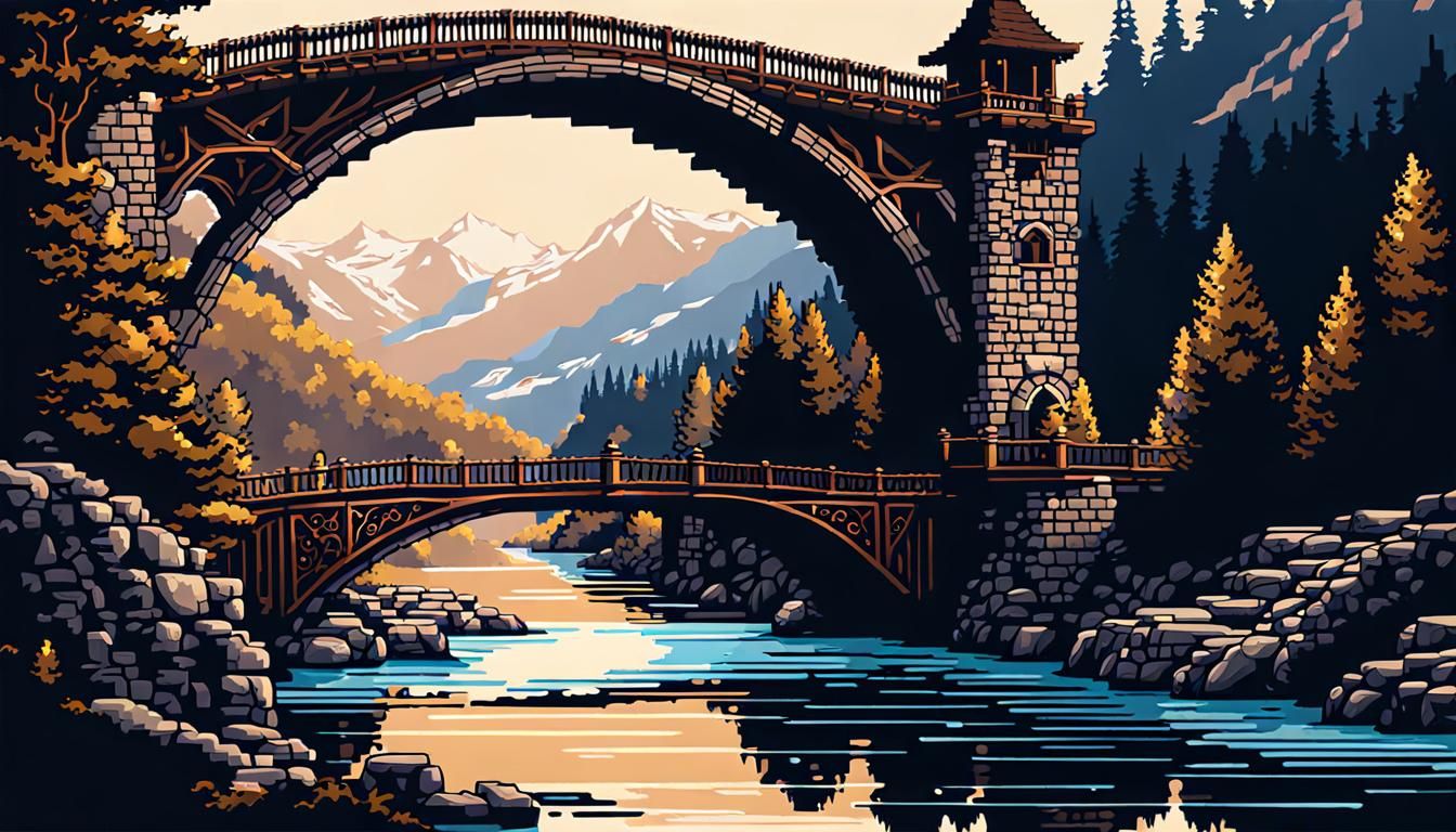 Not Space Series - Old bridge, 64bit Pixel Art style, Alpine...