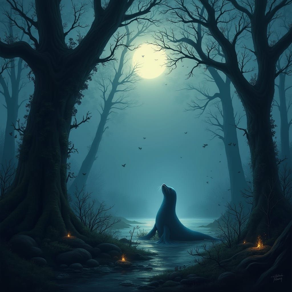 Moonlit Seal in Mystical Urban Fantasy Style