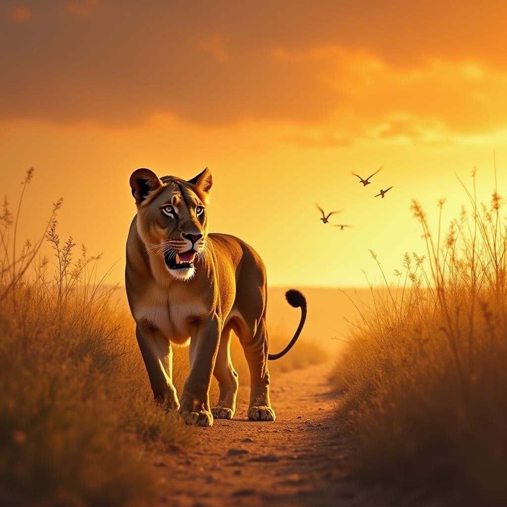 Lioness Pauses on Savanna Path at Golden Hour