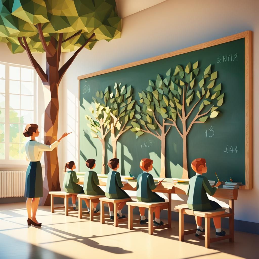 Whimsical Low-Poly Teacher and Tree Students