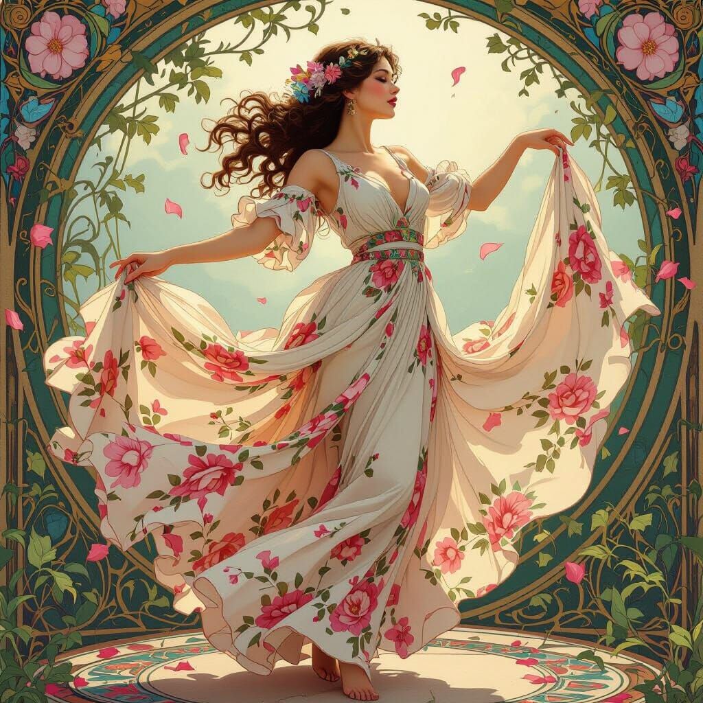 Floral Dress Dance: A Photorealistic Art Nouveau Vision