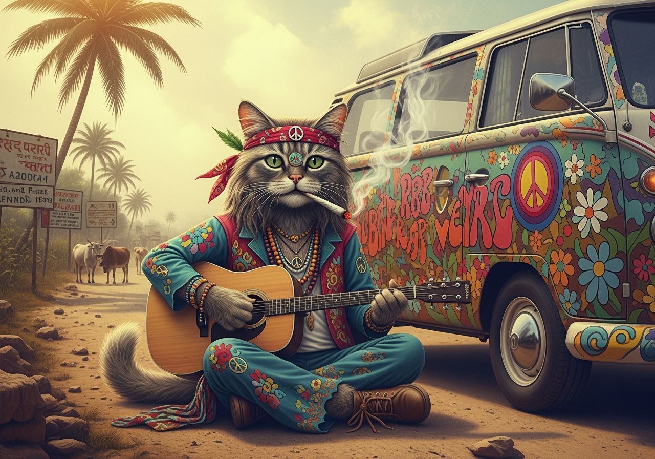 Psychedelic Cat Musician in Goa, Flower Power Style