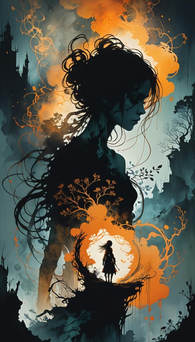Dark Fantasy Silhouettes in Glowing Mist