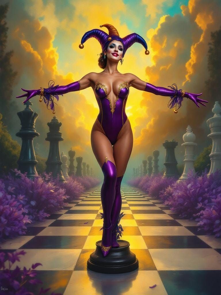 Theatrical Jester on Chessboard as Impressionist Painting