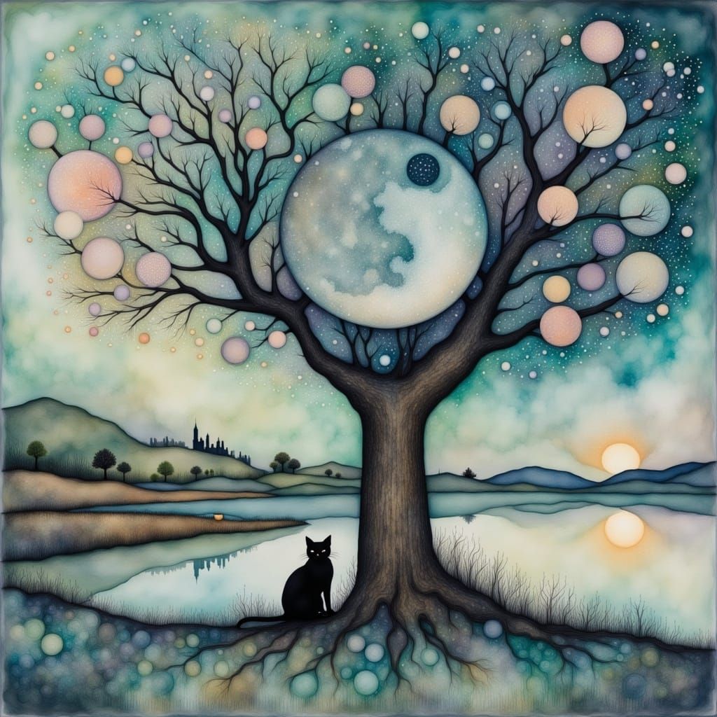 Stylised Magical Moonscape with Black Cat and Sleepy City