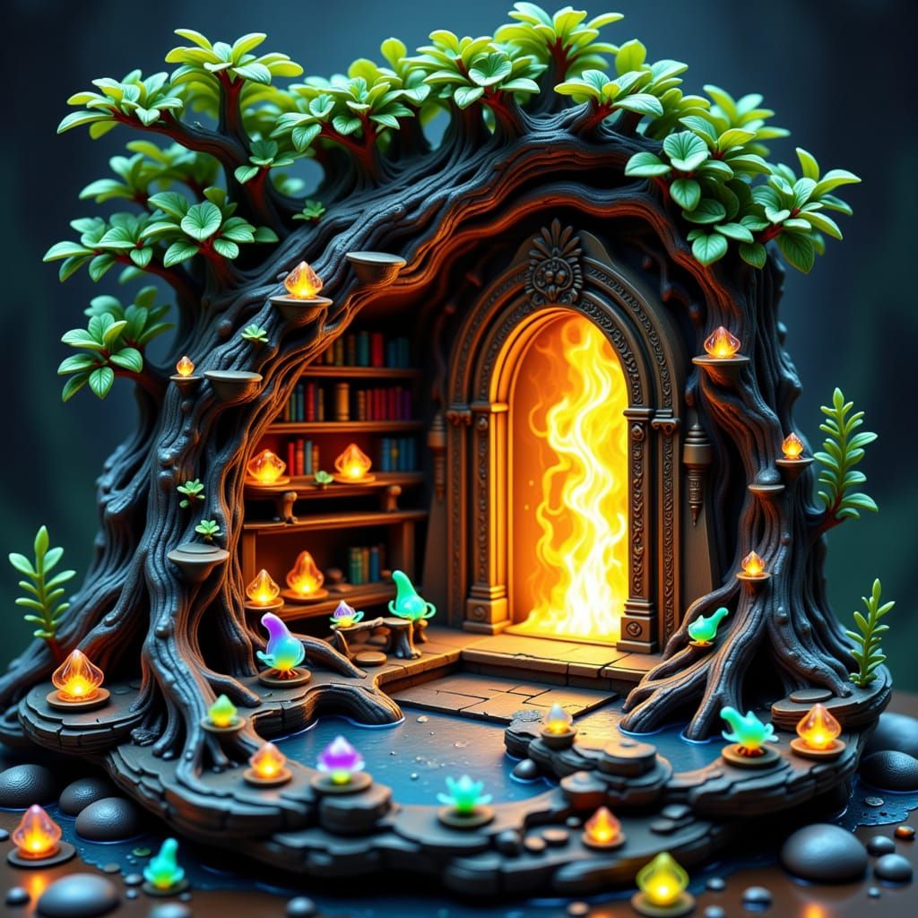 Bioluminescent Library in Bonsai Tree, Dreamlike Fantasy
