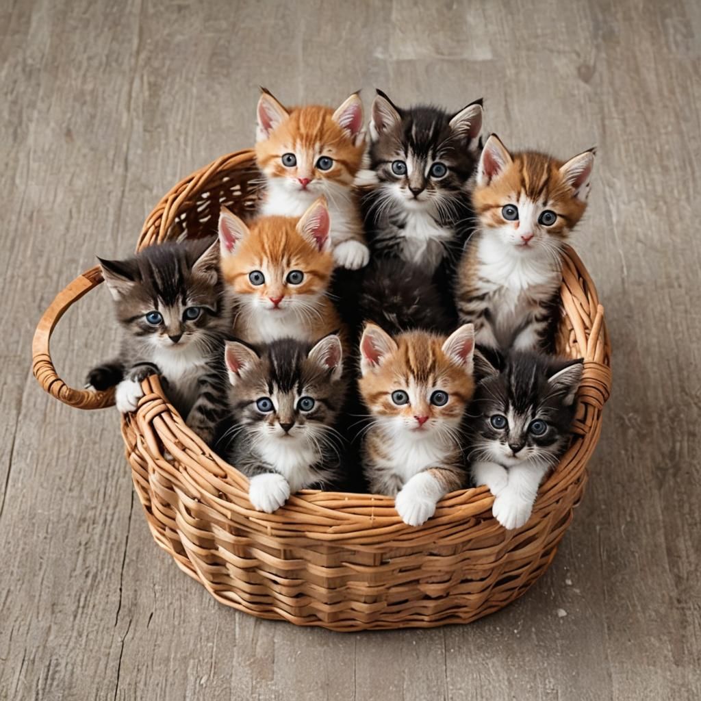 Eight Tiny Kittens Sleeping in a Basket