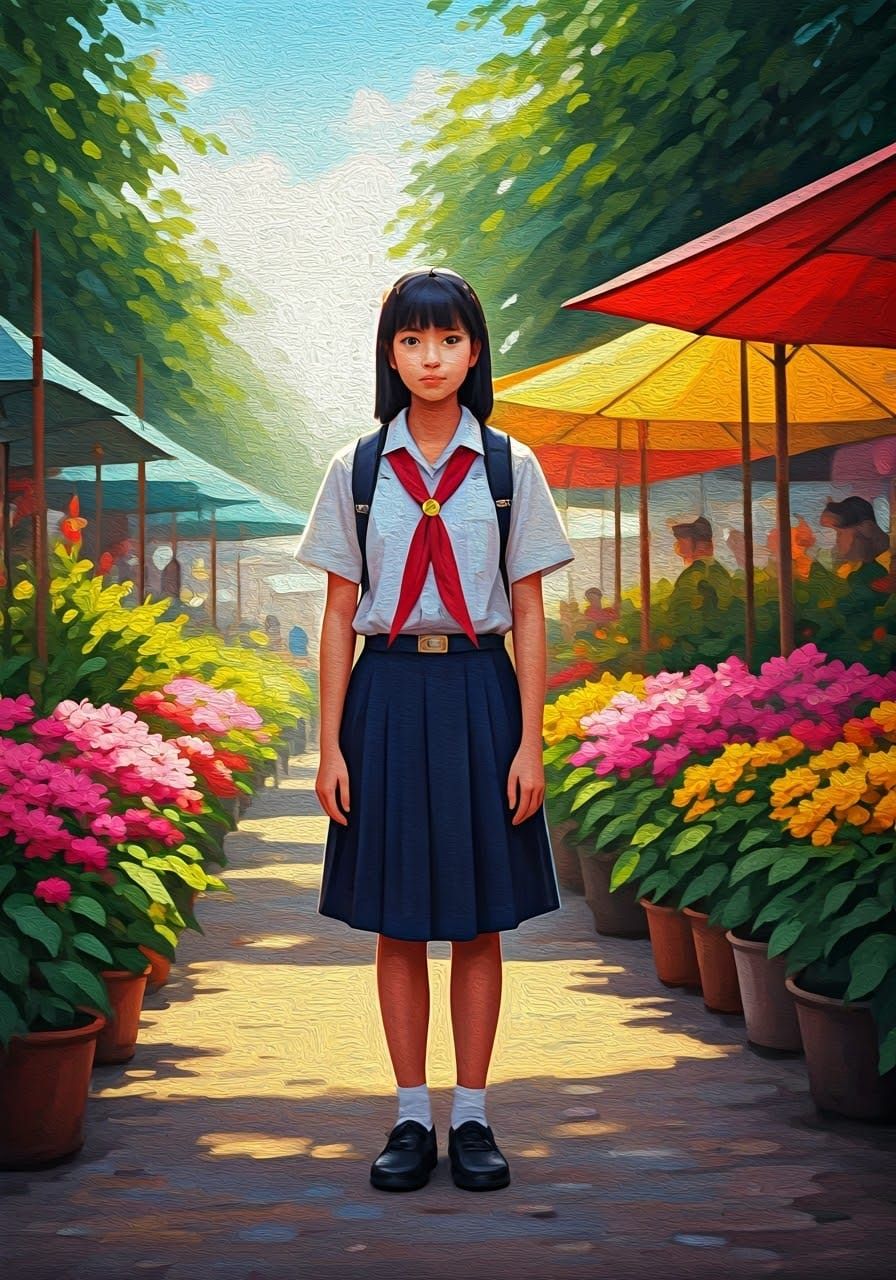 Thai Schoolgirl in Impressionist Market Scene
