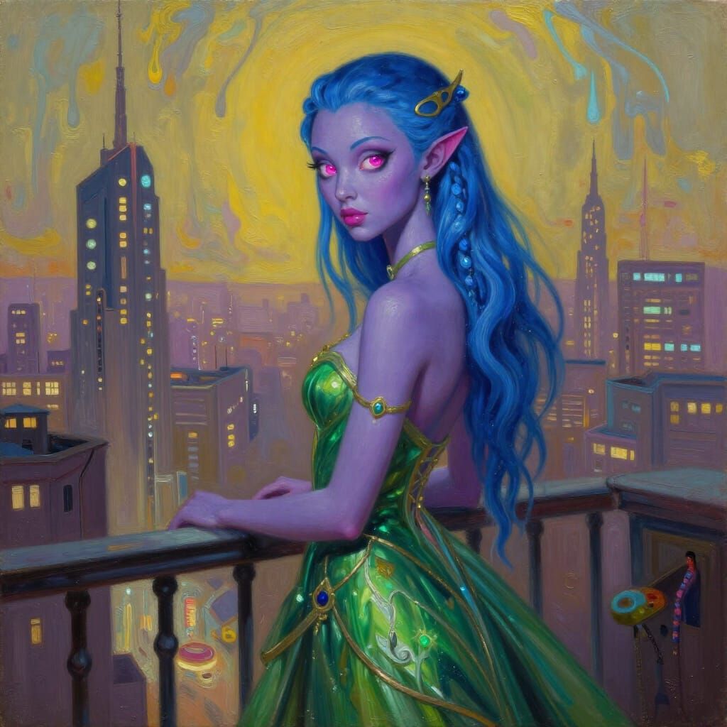 Cyberpunk Princess in Fantasy Green Dress, Oil Painting