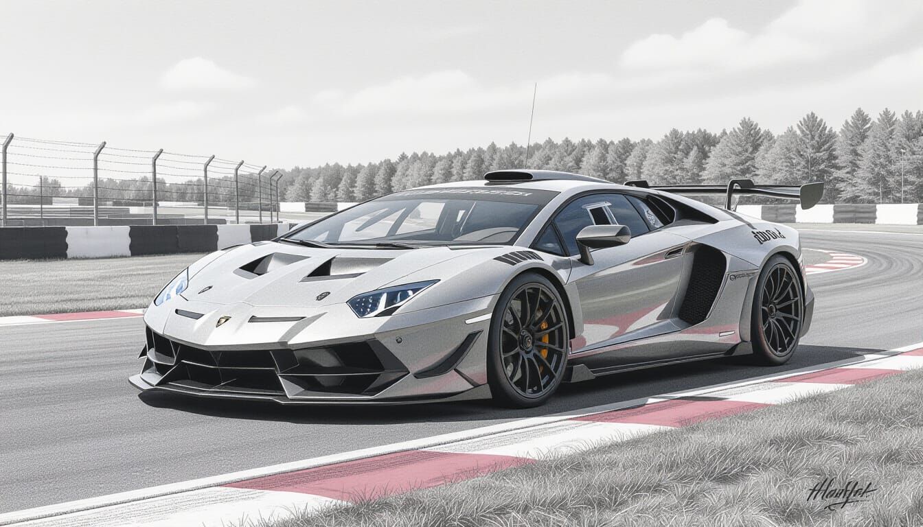 Hyperdetailed Charcoal Drawing of Lamborghini Alar on Race T...
