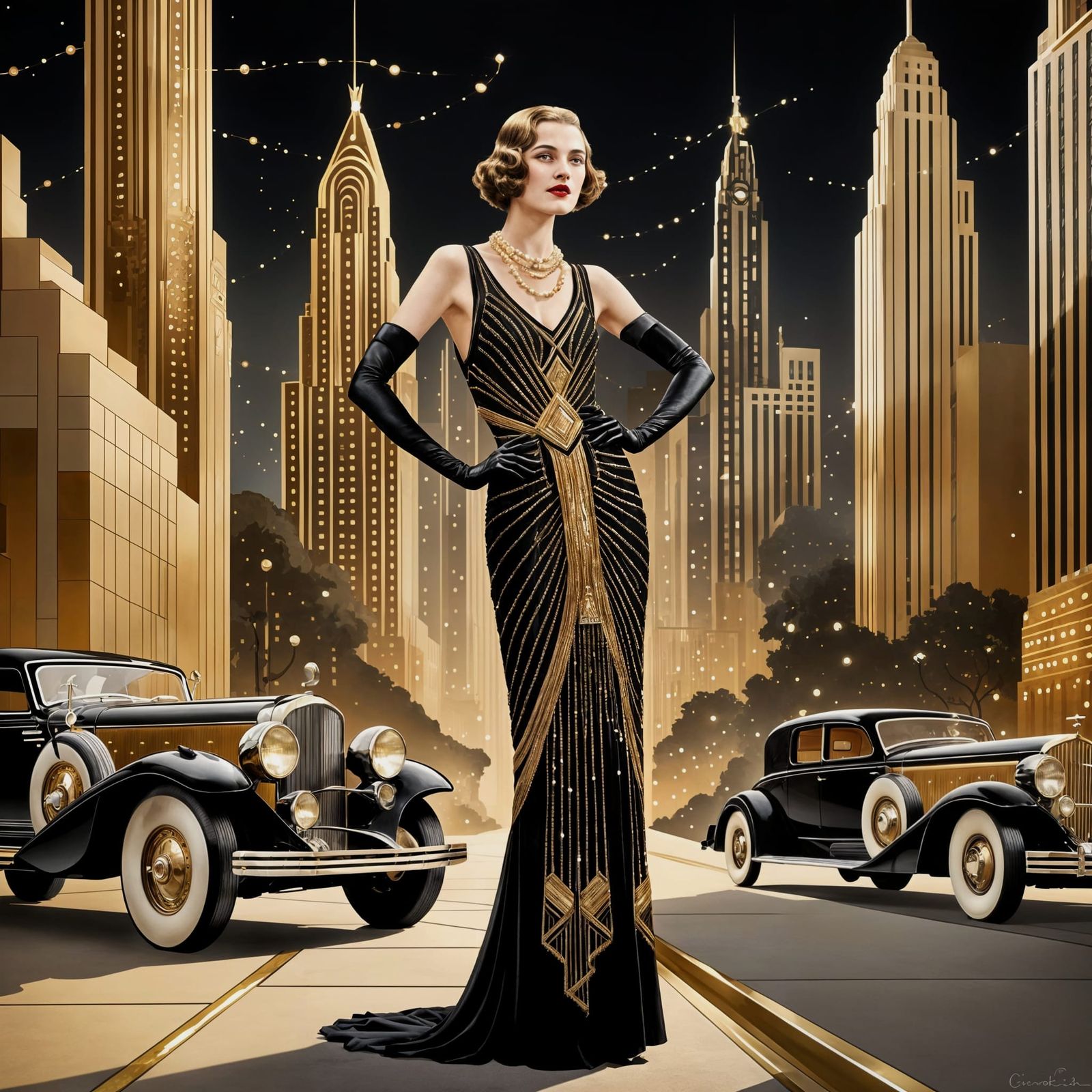 1930's Art Deco Elegant Lady with Car and NYC backdrop