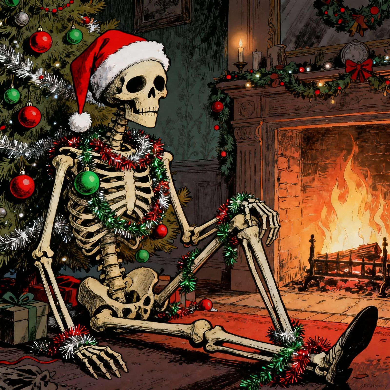 Whimsical Skeleton Decked for Christmas by Fireplace