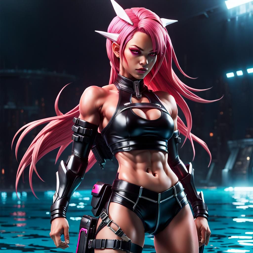 Muscular Pink-Haired Warrior in Dystopian Sci-Fi Art