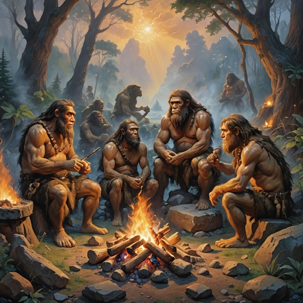 Neanderthals Around Fire: Impressionistic Oil Painting