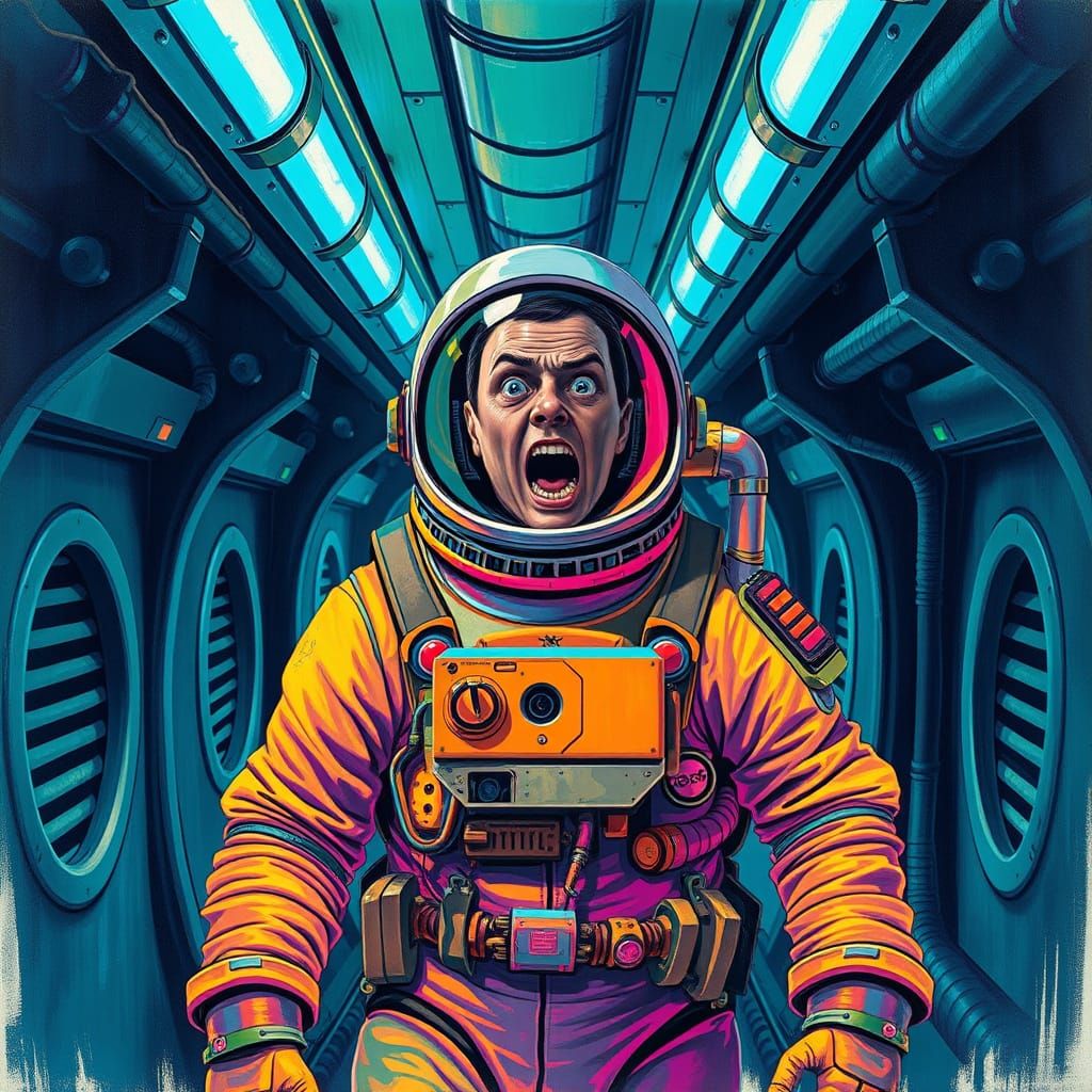 Surreal Astronaut in Dim Spaceship Corridor
